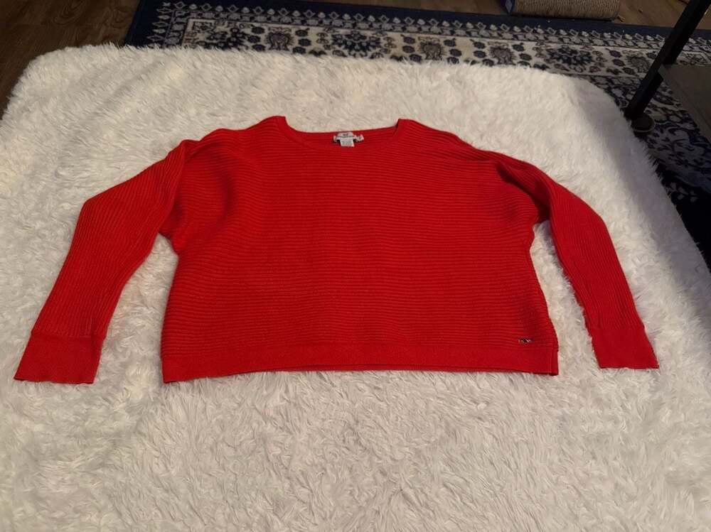 Vineyard Vines Women's Red Ribbed Knit Cropped Crewneck Sweater Size L